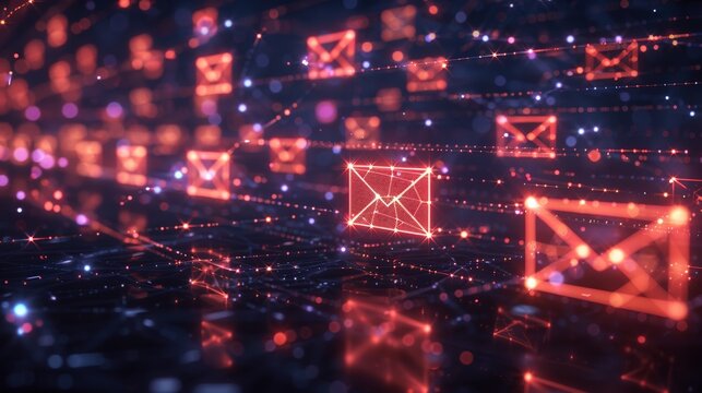 An abstract representation of the secure transmission of emails, with data packets traveling through encrypted channels