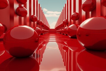 3d rendering of shiny red spheres in a mirrored corridor with reflective surfaces