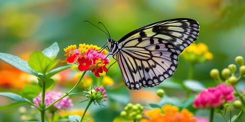 Fototapeta premium A butterfly flutters delicately through the air, its wings reflecting the vibrant colors of the flowers it hovers abovew