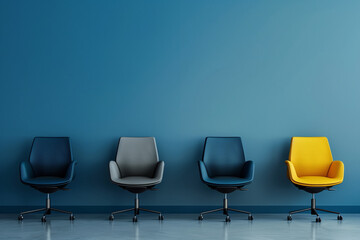 we are hiring, row of chairs for job candidates, blue and yellow
