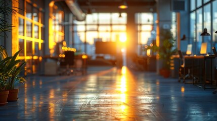 A contemporary office space featuring sleek furniture and blurred windows, with sunlight streaming in to enhance the ambiance