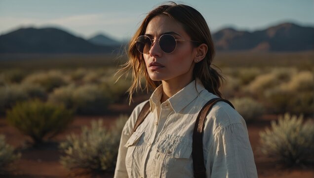 Photoshoot for New Sustainable Fashion Collection Against Climate Change, Model Posing in the Desert in White Linen Clothing.