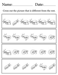 Shrimp Puzzle. Printable Activity Page for Kids. Educational Resources for School for Kids. Kids Activity Worksheet. Find the Different Object