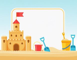 sand castle in the sand. Summer beach tools. Copy Space.