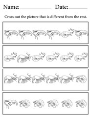 Shrimp Puzzle. Printable Activity Page for Kids. Educational Resources for School for Kids. Kids Activity Worksheet. Find the Different Object