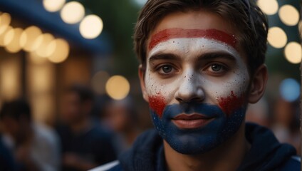 portrait of a happy person wearing france flag face paint.