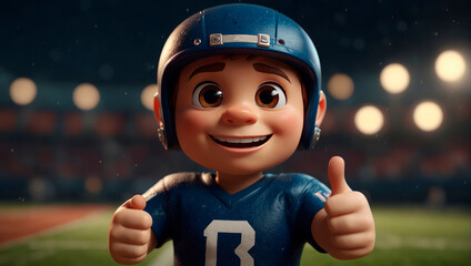 close up of cute american football sport person 3D cartoon character with thumbs up to camera.