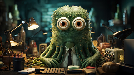 Plankton in a suit works in an office surrounded by stacks of paperwork, depicting a humorous and unexpected twist on office culture and marine life.