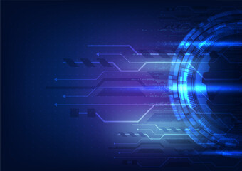 Abstract blue circle with arrows and lines on a dark blue background