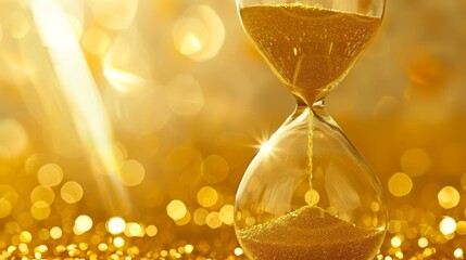  An hourglass with flowing sand in front, a golden glow of light and sparkles behind, and a starburst boke of light up front