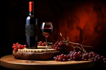 Classic wine presentation with a bottle and glass of red wine beside ripe grapes against a moody backdrop