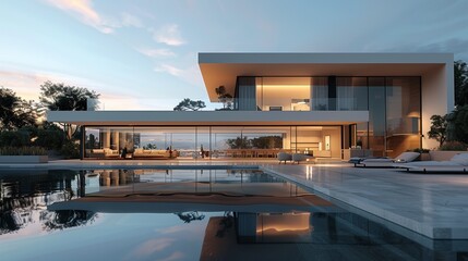 Fototapeta premium A luxurious minimalist house with large glass windows and a reflective pool, beautifully lit in the evening