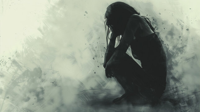 Painting abstract artistic representation of mental health problems, image of a person in despair and isolation, head in hands, black, white, grey colour palette, landscape format 16:9 with copy space