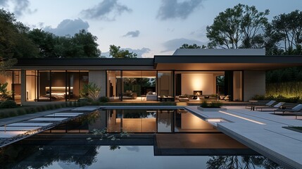 Fototapeta premium A high-end minimalist home with clean lines and a tranquil pool reflecting the warm glow of the evening sky