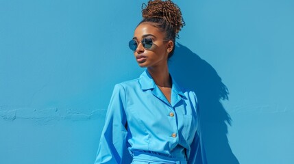 A fashionable woman in a stylish blue outfit, showcasing the latest trends in clothing against a minimalist backdrop