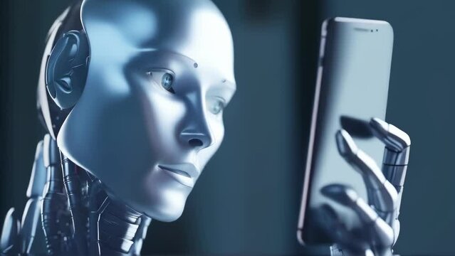AI and Mobile Technology Concept Video. A realistic android examines a smartphone in this animation video, showcasing the integration of artificial intelligence with mobile devices.