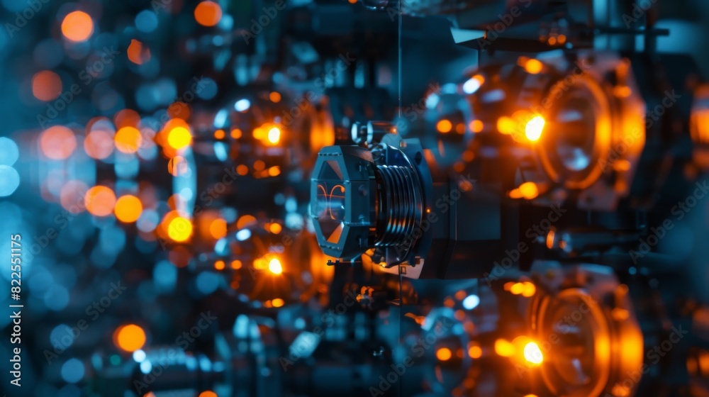Poster a complex quantum computing array with glowing orange circuits and components, illuminated in a dark
