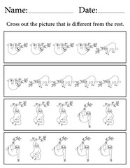 Sloth Puzzle. Printable Activity Page for Kids. Educational Resources for School for Kids. Kids Activity Worksheet. Find the Different Object