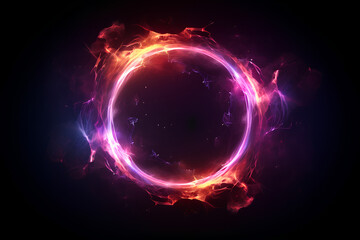 Abstract neon energy sphere of particles and waves of magical glowing on a dark background, circle and loop frames with magic purple and pink flame and sparks isolated on transparent
