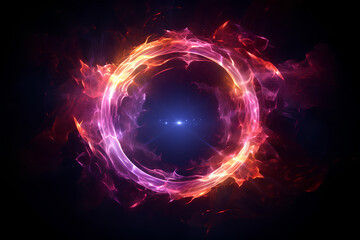 Obraz premium Abstract neon energy sphere of particles and waves of magical glowing on a dark background, circle and loop frames with magic purple and pink flame and sparks isolated on transparent 