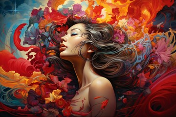 Surreal portrait of a woman enveloped in vibrant, flaming flowers and fauna