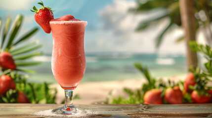 Daiquiri: A frozen daiquiri in a tall glass, with a strawberry garnish and a sugar rim, set against a tropical beach background.