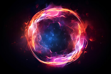 Obraz premium Abstract neon energy sphere of particles and waves of magical glowing on a dark background, circle and loop frames with magic purple and pink flame and sparks isolated on transparent 