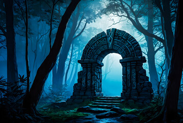  vector arA mysterious stone archway hidden amidst the trees of a mystical forest, its ancient...