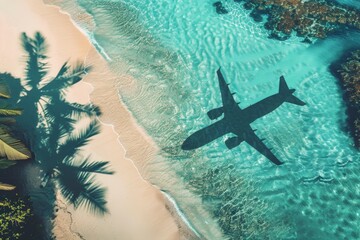 Beach with palm trees on the shore in the style of birds-eye-view. Turquoise and white plane view on beach. Beautiful simple AI generated image in 4K, unique.