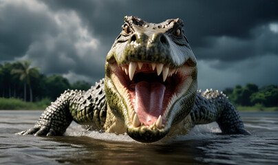 Obraz premium An angry crocodile leaps out of murky water, against a dark rainy sky