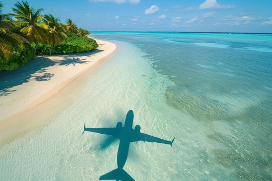 Beach with palm trees on the shore in the style of birds-eye-view. Turquoise and white plane view on beach. Beautiful simple AI generated image in 4K, unique.