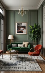 Stylish professional photograph of a dark green and brass luxury living room interior with velvet furniture and tropical plants