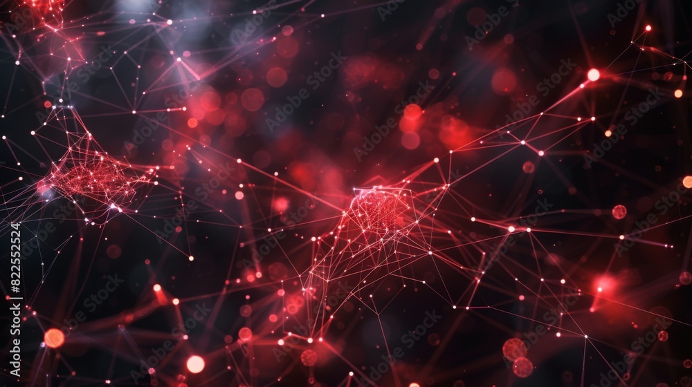 Poster red digital nodes are interconnected with lines, forming a network structure on a dark background, g
