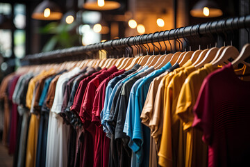 boutique fashion racks Clothes store clothing shop shopping shirt rack background retail apparel style garment dress textile woman blue red hanger business market mall model closet hanging
