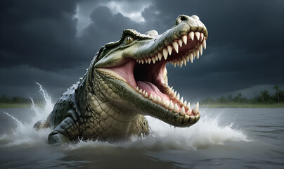 Obraz premium An angry crocodile leaps out of murky water, against a dark rainy sky