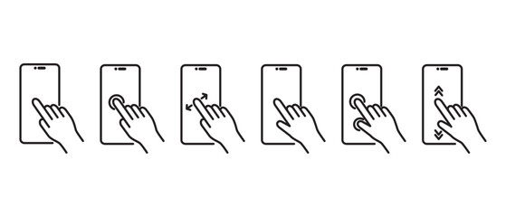 Outline style hand tuching and scrolling smartphone icons, Finger tap smartphone gesture icon set, Editable stroke, Eps10. Tapping the screen icon set vector in transparent background.