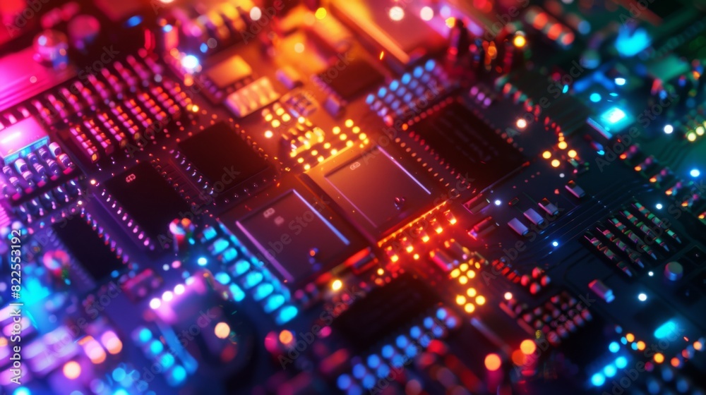 Poster a detailed close-up view of a computer chip showcasing intricate circuitry and components, quantum c