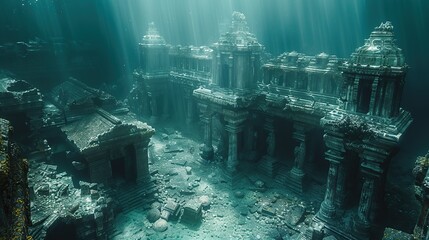 Majestic Submerged Kingdom of Atlantis With Golden Domes at Dusk