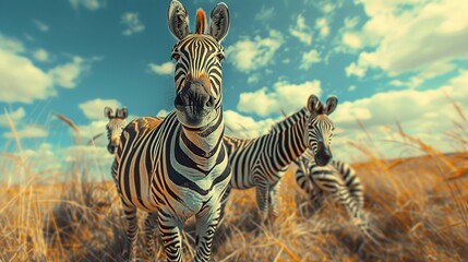 Two Zebras Standing on Dry Grass Field