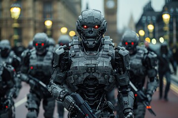 Group of Robots Walking Down a Street