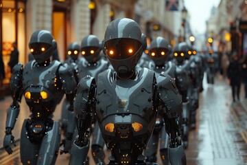 Group of Robots Walking Down a Street