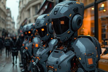 Fototapeta premium Group of Robots Walking Down a Street