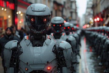 Fototapeta premium Group of Robots Walking Down a Street