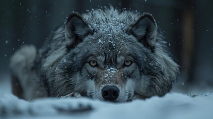 Solitary Wolf Lying in Snow-Covered Forest on a Winter Evening