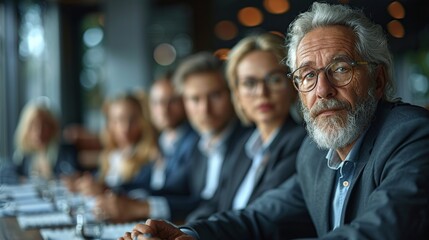 Businessmen in Formal Attire Gathered Around a Conference Table in Dimly Lit Room