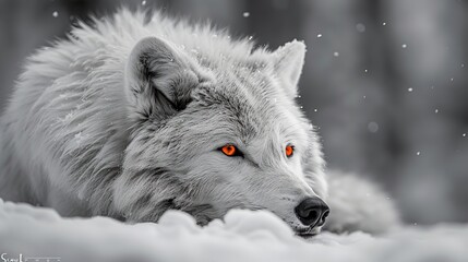 Solitary Wolf Lying in Snow-Covered Forest on a Winter Evening
