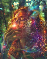 Woman Enjoying a Psychedelic Experience in a Lush Jungle at Dusk