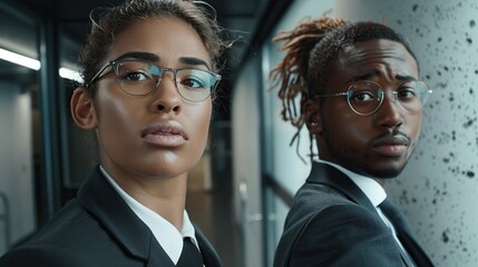 Professional Business Meeting Between Two Colleagues in Office Hallway During Daytime.