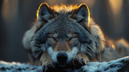 Solitary Wolf Lying in Snow-Covered Forest on a Winter Evening