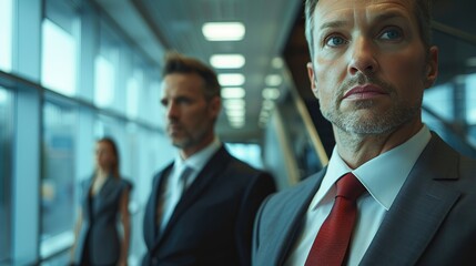 Professional Business Meeting Between Two Colleagues in Office Hallway During Daytime.